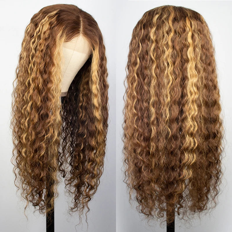 P4/27 Curly Honey Blonde Ombre Brazilian Deep Water Wave Frontal Highlight Bob Lace Front Wigs