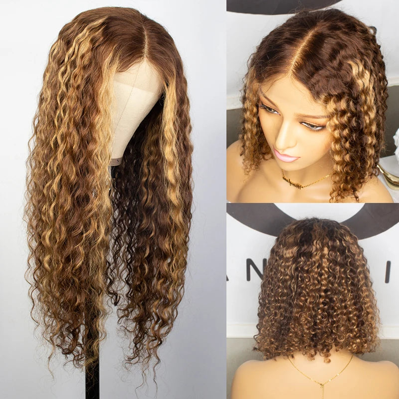 P4/27 Curly Honey Blonde Ombre Brazilian Deep Water Wave Frontal Highlight Bob Lace Front Wigs