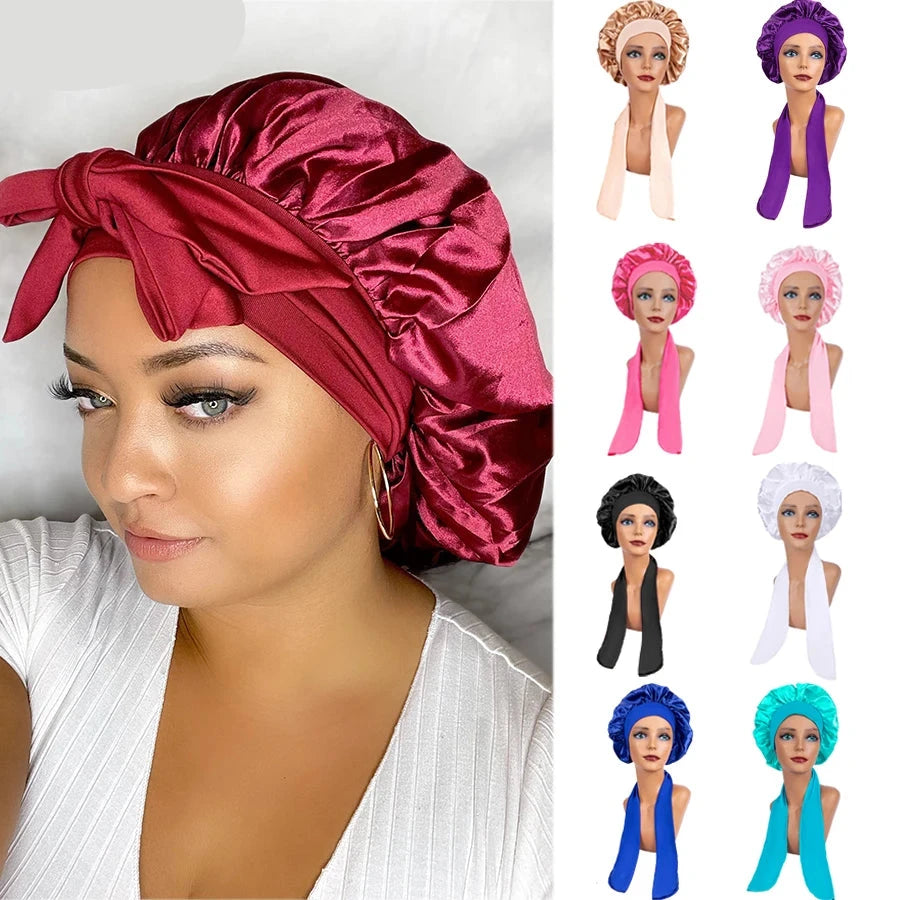 Satin Bonnet Silk Satin Night Sleep Cap Turban 9Color Polyester Elastic Night Sleeping Shower Cap Hair Bonnet Hat Head Cover