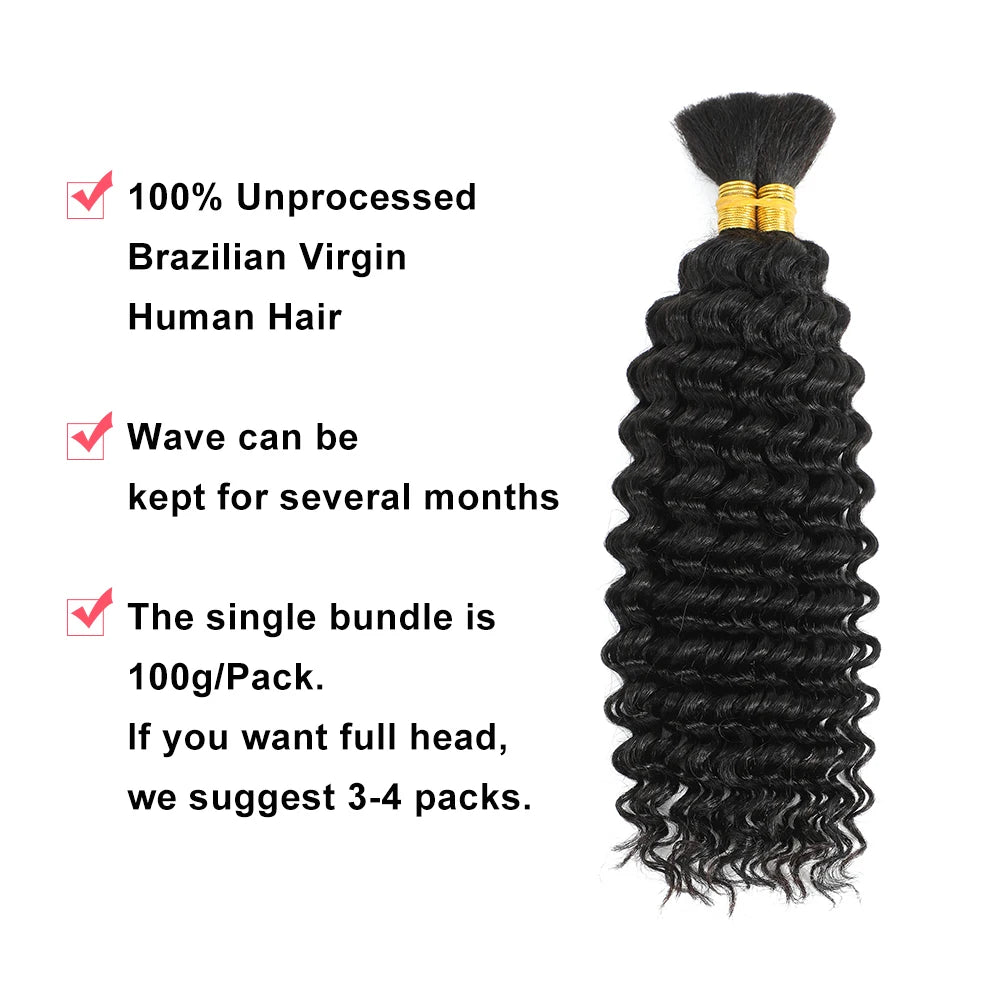 Deep Wave Human Braiding Hair 100g - No Weft, Curly Human Hair Extensions for Boho Braids