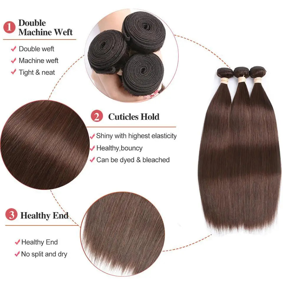 Pure-Colored #4 Chocolate Brown Bone Straight Human Hair Weave 1/3/4 Bundles 10A Brazilian Remy Human Hair Extensions For Women