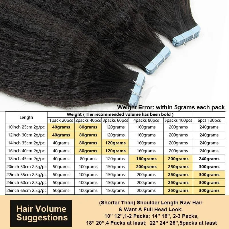 Kinky Straight Tape-In Extensions - 100% Remy Human Hair, Yaki Texture, 12-26 inch, 20pcs