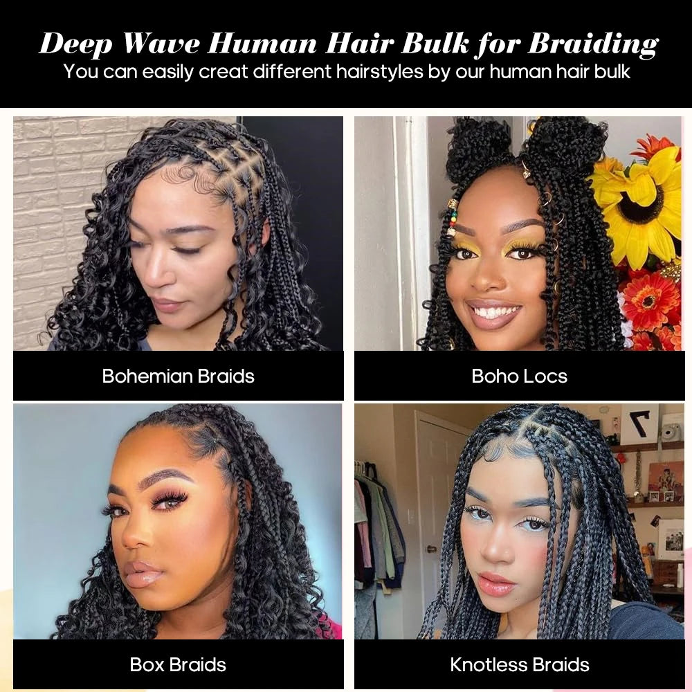 Human Braiding Hair for Boho Braids, 14Inch 100G 10A Brazilian Virgin Deep Wave Bulk Human Hair for Braiding 2 Bundles