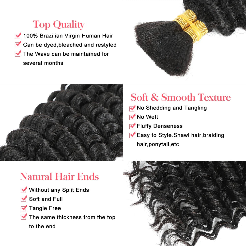 Deep Wave Human Braiding Hair 100g - No Weft, Curly Human Hair Extensions for Boho Braids