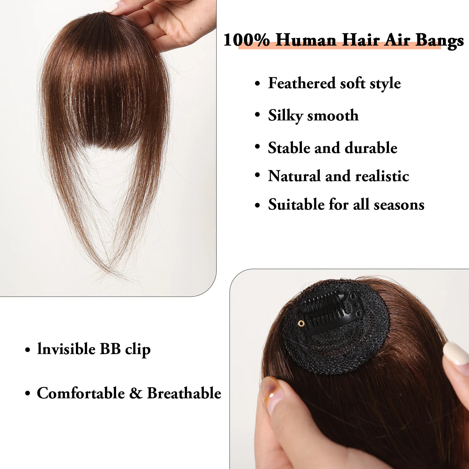 100% Human Hair Clip-In Bangs - Brown, Black, Blonde Wispy Fringe Hairpieces