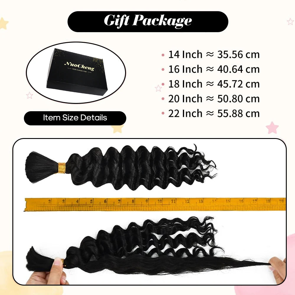 Human Braiding Hair for Boho Braids, 14Inch 100G 10A Brazilian Virgin Deep Wave Bulk Human Hair for Braiding 2 Bundles