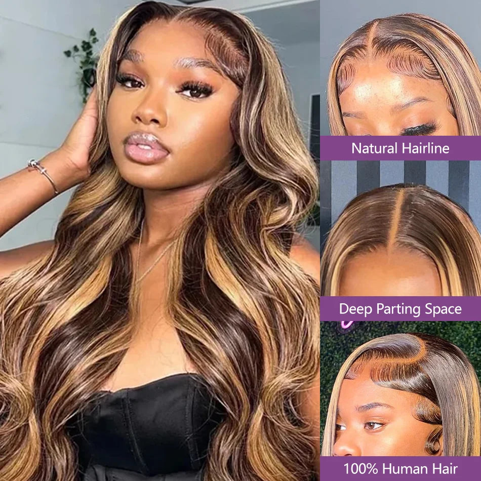 Honey Blonde Ombre Lace Front Wig Wear Go Highlight Glueless Wig Body Wave 13x6 HD Lace Frontal Wig 100% Colored Human Hair Wigs