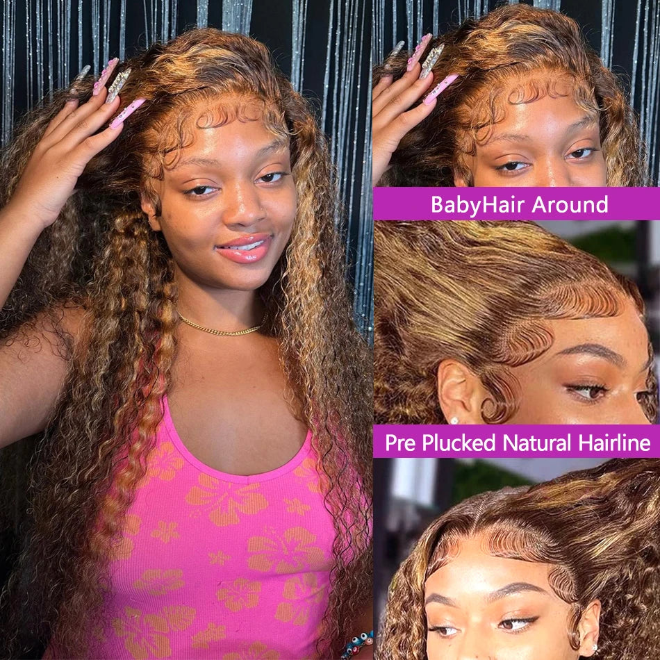 Ombre Honey Blonde 360 Front Water Wave 13x4 Transparent Lace Deep Wave Frontal Wig human hair wig