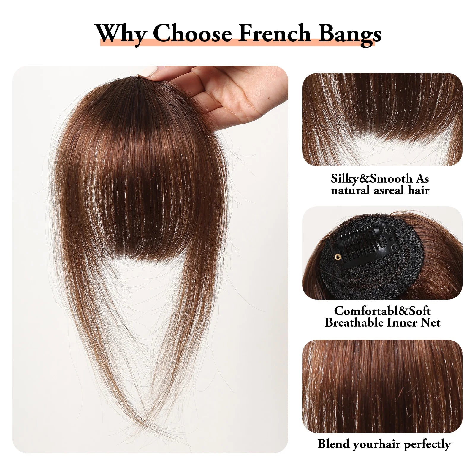 100% Human Hair Clip-In Bangs - Brown, Black, Blonde Wispy Fringe Hairpieces