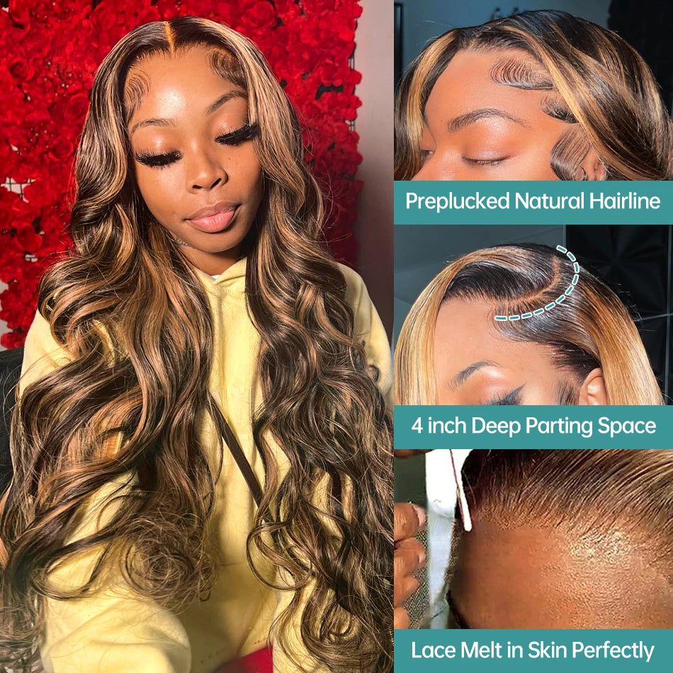 Honey Blonde Ombre Lace Front Wig Wear Go Highlight Glueless Wig Body Wave 13x6 HD Lace Frontal Wig 100% Colored Human Hair Wigs