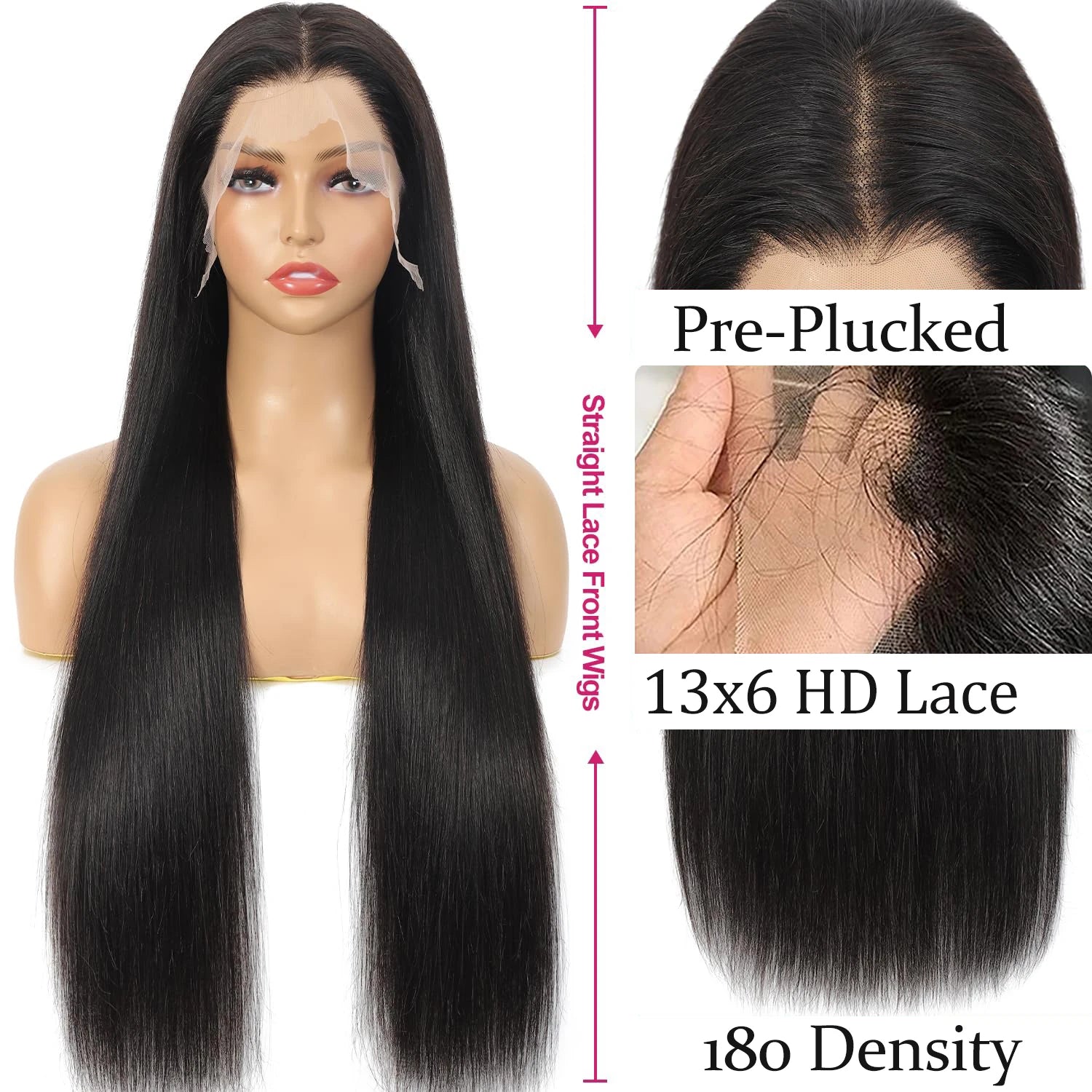 13x6 Straight Lace Front Wig Human Hair Black Straight Human Hair Wig Pre Plucked Straight Lace Front Human Hair Wig 180%Density