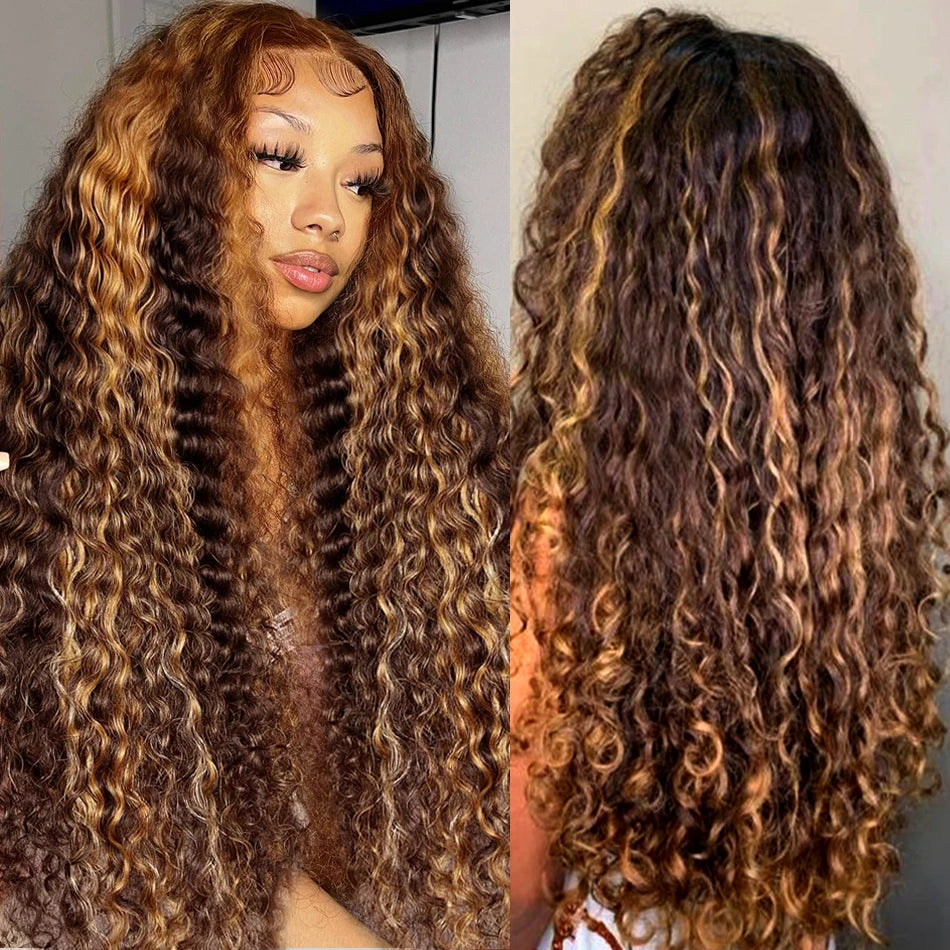 Ombre Honey Blonde 360 Front Water Wave 13x4 Transparent Lace Deep Wave Frontal Wig human hair wig