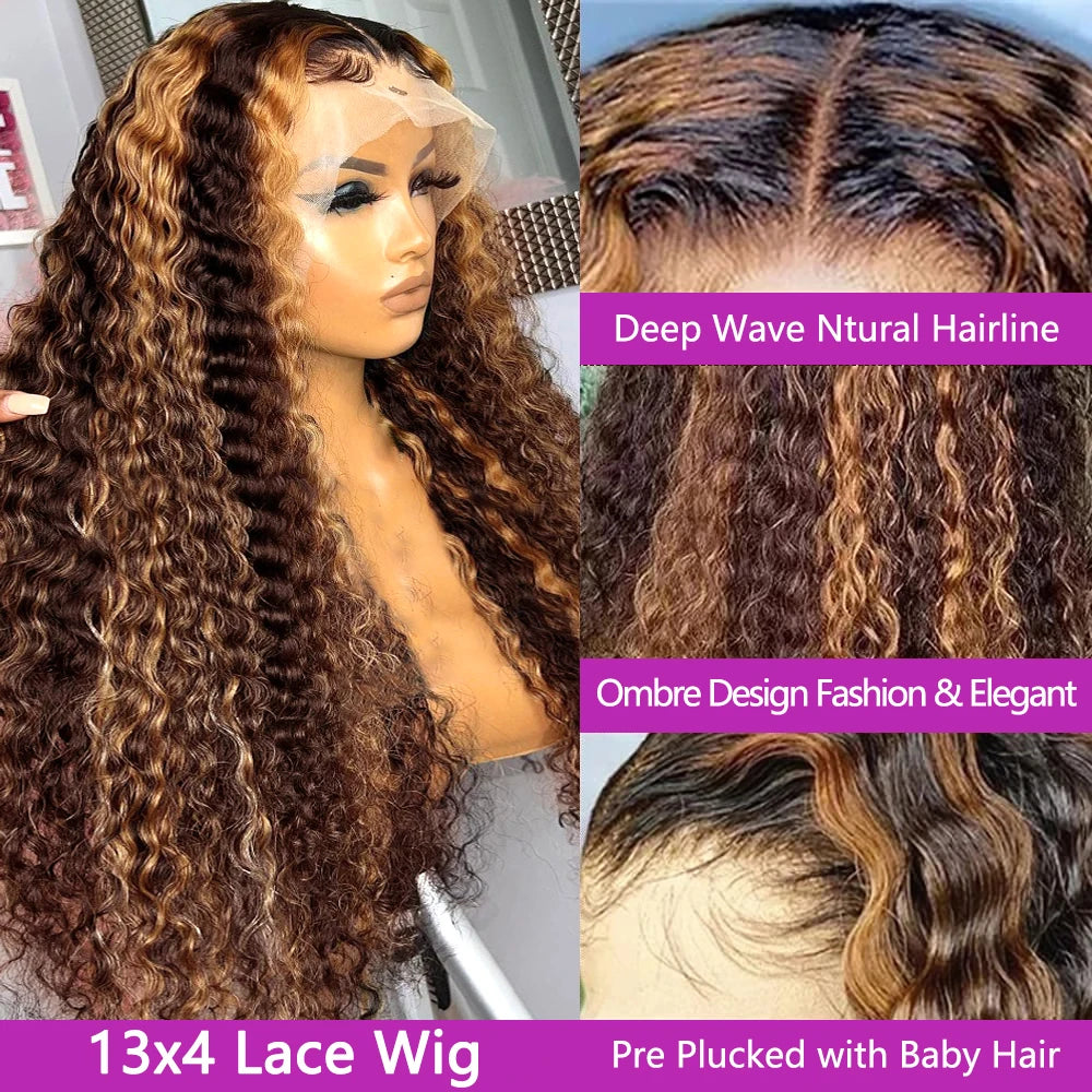 Ombre Honey Blonde 360 Front Water Wave 13x4 Transparent Lace Deep Wave Frontal Wig human hair wig