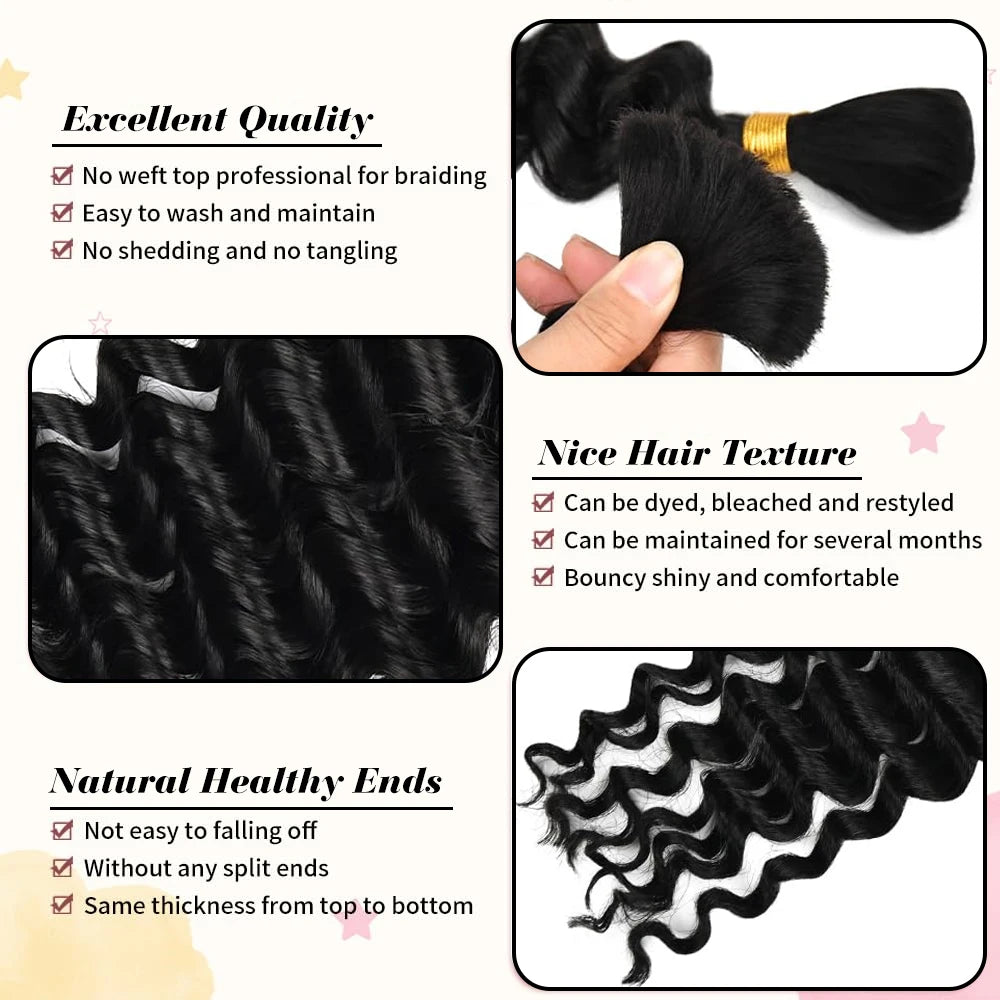 Human Braiding Hair for Boho Braids, 14Inch 100G 10A Brazilian Virgin Deep Wave Bulk Human Hair for Braiding 2 Bundles