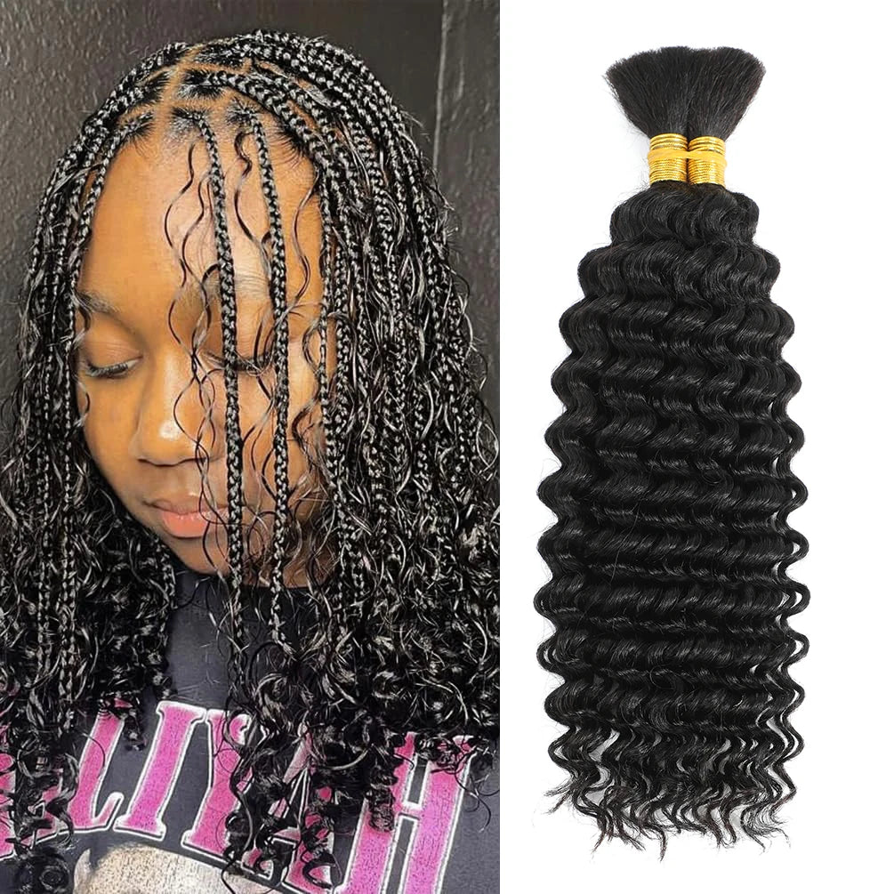 Human Braiding Hair for Boho Braids, 14Inch 100G 10A Brazilian Virgin Deep Wave Bulk Human Hair for Braiding 2 Bundles