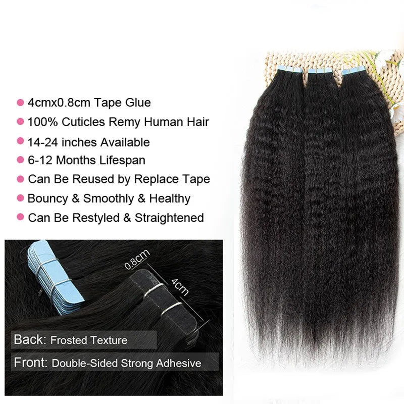 Kinky Straight Tape-In Extensions - 100% Remy Human Hair, Yaki Texture, 12-26 inch, 20pcs