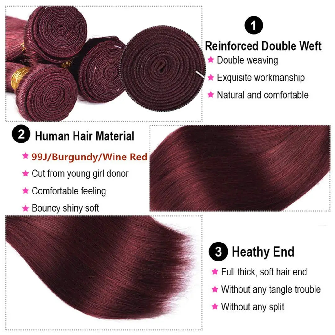 Wine Red #99J Remy Human Hair Weave - 16-28 inch Silky Straight Brazilian Hair Extensions