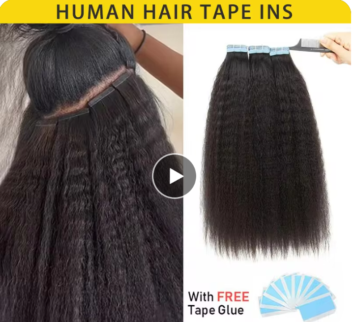 Kinky Straight Tape-In Extensions - 100% Remy Human Hair, Yaki Texture, 12-26 inch, 20pcs