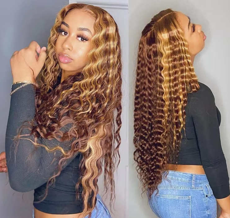 P4/27 Curly Honey Blonde Ombre Brazilian Deep Water Wave Frontal Highlight Bob Lace Front Wigs