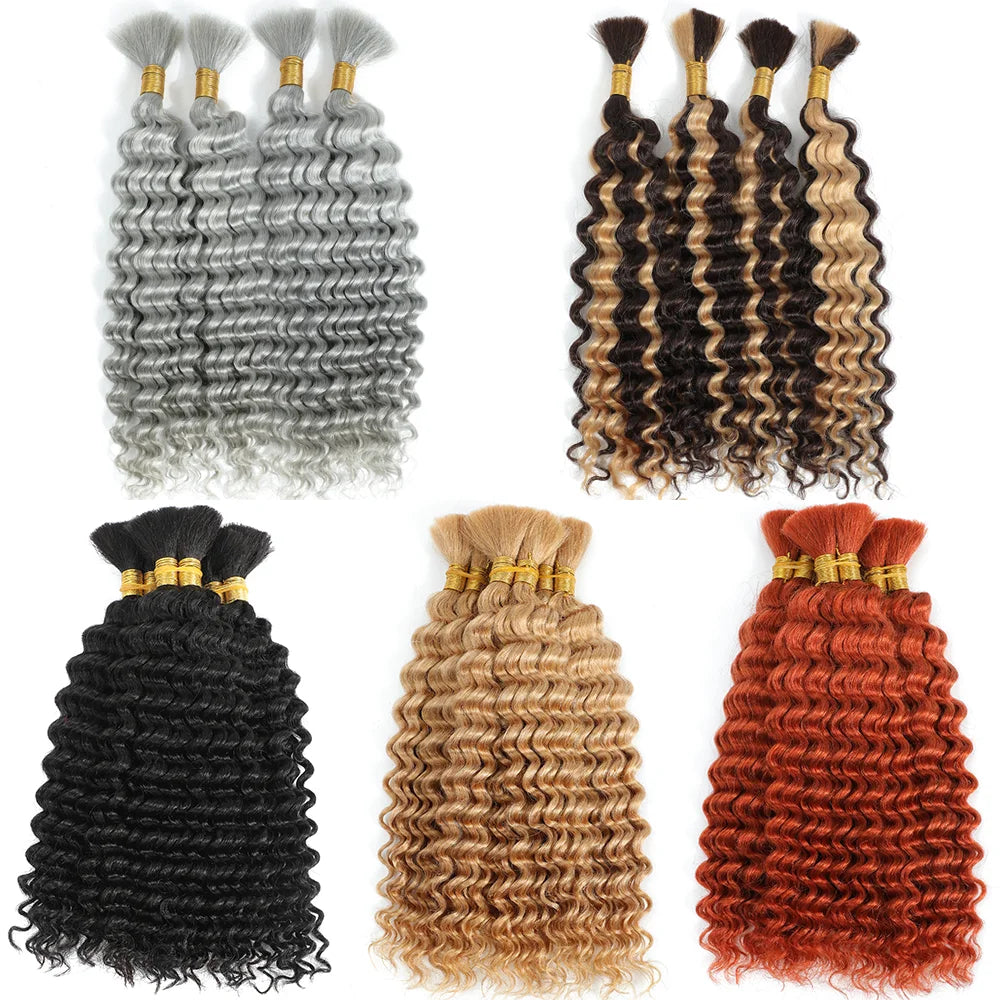 Human Braiding Hair for Boho Braids, 14Inch 100G 10A Brazilian Virgin Deep Wave Bulk Human Hair for Braiding 2 Bundles