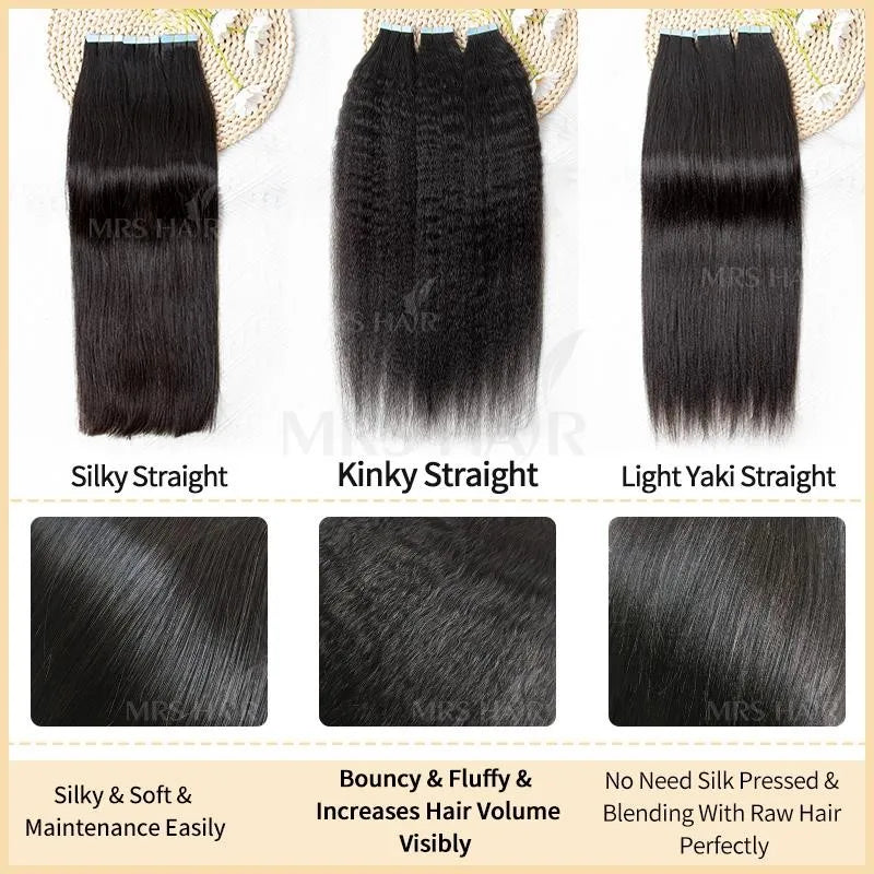 Kinky Straight Tape-In Extensions - 100% Remy Human Hair, Yaki Texture, 12-26 inch, 20pcs