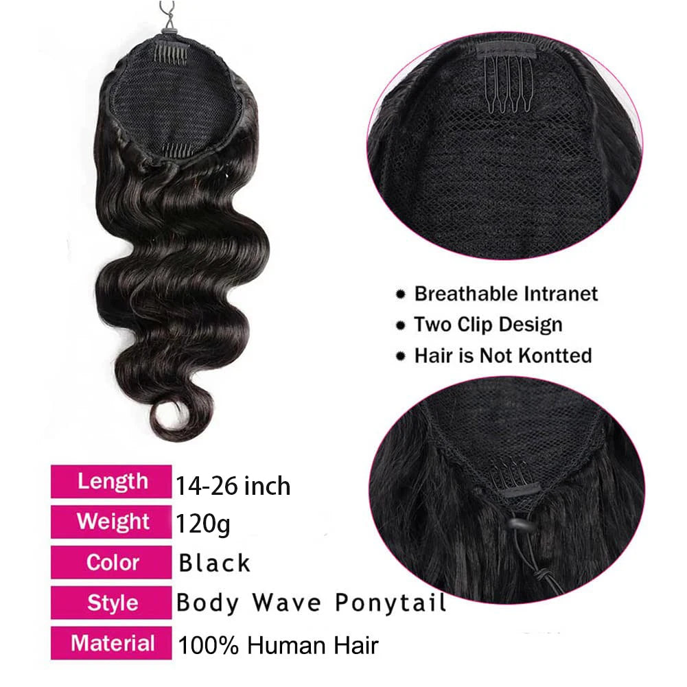 Body Wave Hair Extension Clip Ponytail 100% Human Hair Extensions Natural Black Drawstring Ponytail Extensions For Woman 26 Inch